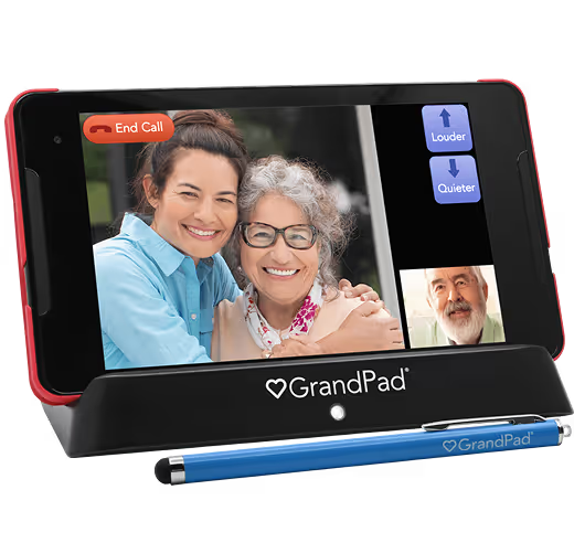 Senior woman using GrandPad tablet for video call